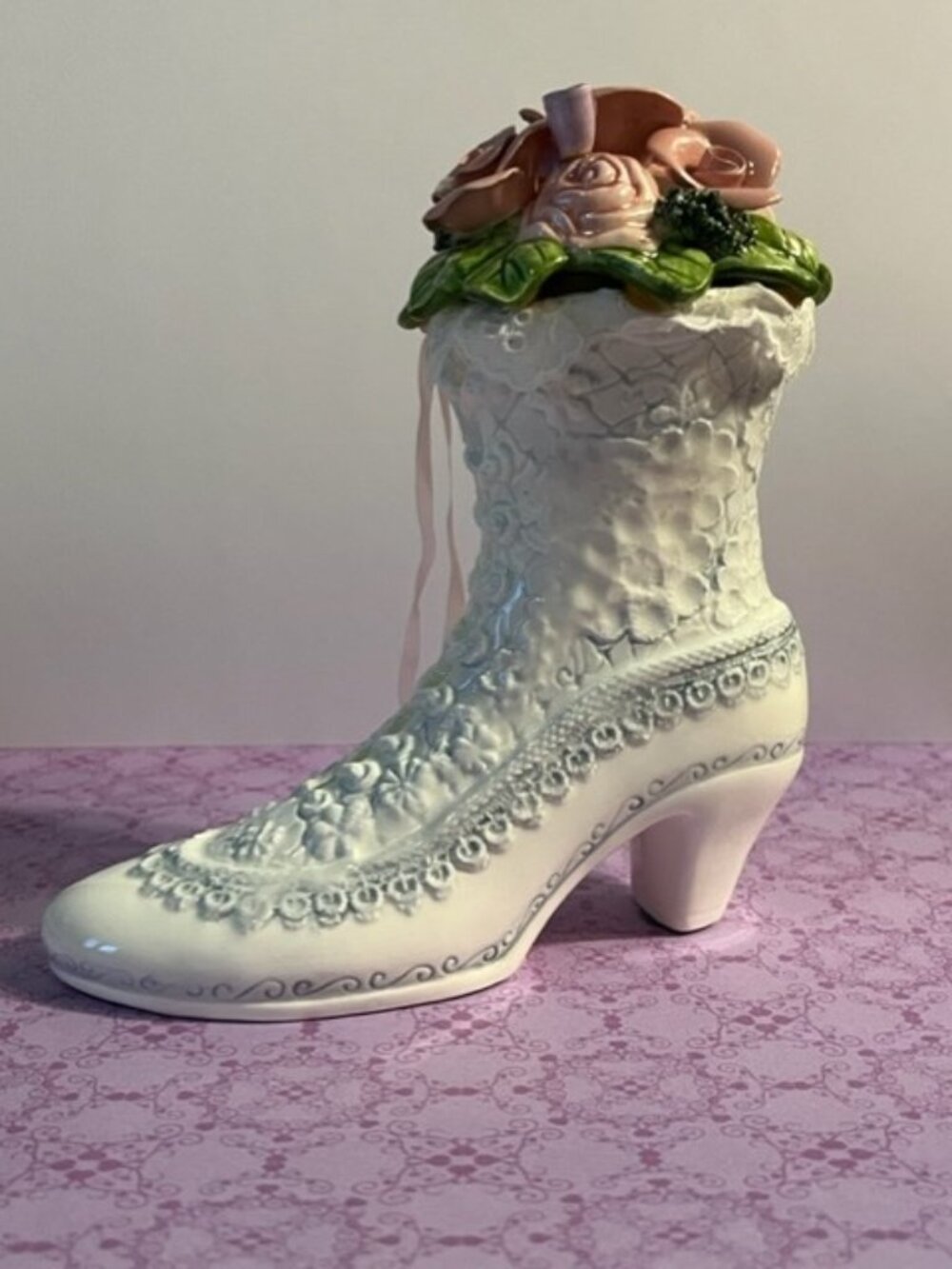 Schmid Victorian Faire musical porcelain boot music box with roses